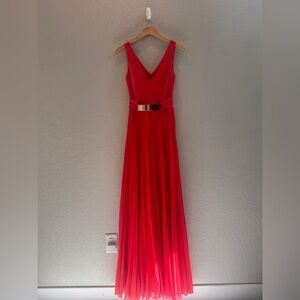 Red plisse / folded skirt dress with a gold belt for new year / Holidays